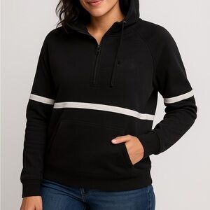 DKNY Black Half-Zip Hoodie Sweatshirt White Stripe Logo Trim Size L